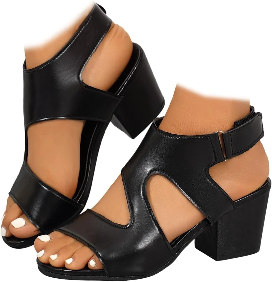 Chunky High Heels Sandals For Womens Summer Side Cutout Ankle Strap Buckle Booties Outdoor Wedding Dress Sandals