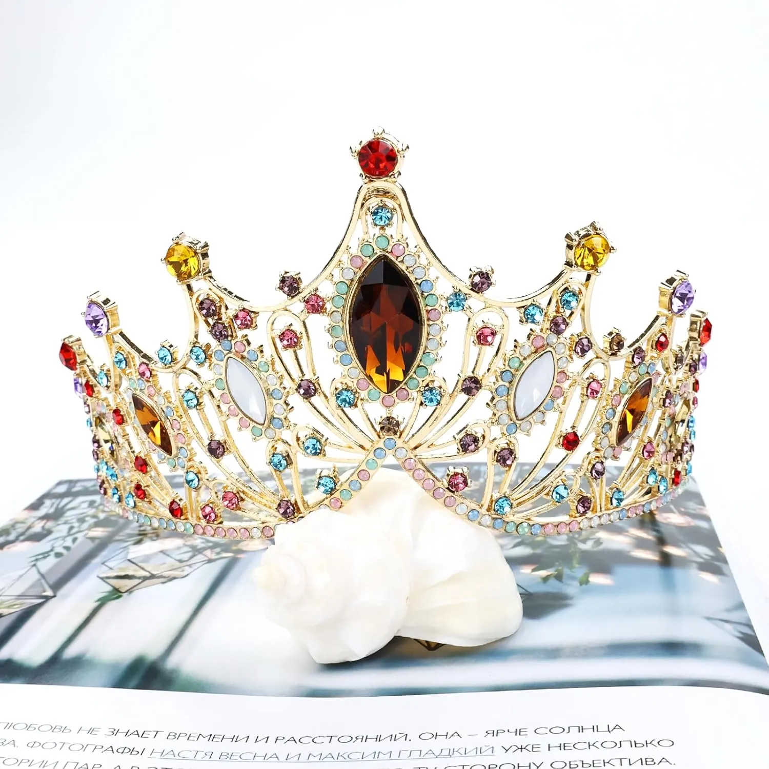 Cinaci 1pc Colorful Crystal Rhinestone Birthday Party Prom Wedding Bridal Queen Princess Crown Tiara Headband with 2pcs Bobby Pins Gems Jewelry Headpiece for Women Girls Brides Bridesmaids