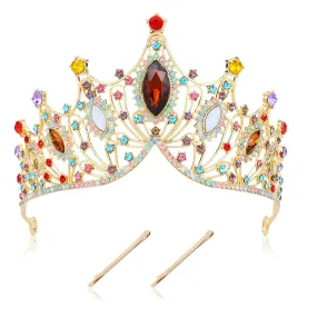 Cinaci 1pc Colorful Crystal Rhinestone Birthday Party Prom Wedding Bridal Queen Princess Crown Tiara Headband with 2pcs Bobby Pins Gems Jewelry Headpiece for Women Girls Brides Bridesmaids