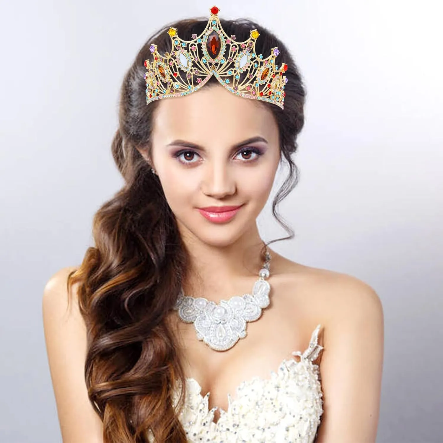 Cinaci 1pc Colorful Crystal Rhinestone Birthday Party Prom Wedding Bridal Queen Princess Crown Tiara Headband with 2pcs Bobby Pins Gems Jewelry Headpiece for Women Girls Brides Bridesmaids