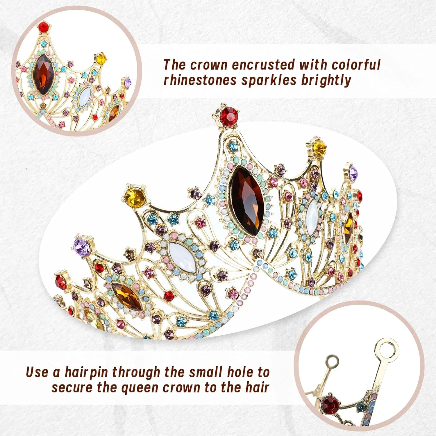 Cinaci 1pc Colorful Crystal Rhinestone Birthday Party Prom Wedding Bridal Queen Princess Crown Tiara Headband with 2pcs Bobby Pins Gems Jewelry Headpiece for Women Girls Brides Bridesmaids