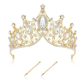Cinaci 1pc Gold White Crystal Rhinestone Birthday Party Prom Wedding Bridal Queen Princess Crown Tiara Headband with 2pcs Bobby Pins Gems Jewelry Headpiece for Women Girls Brides Bridesmaids