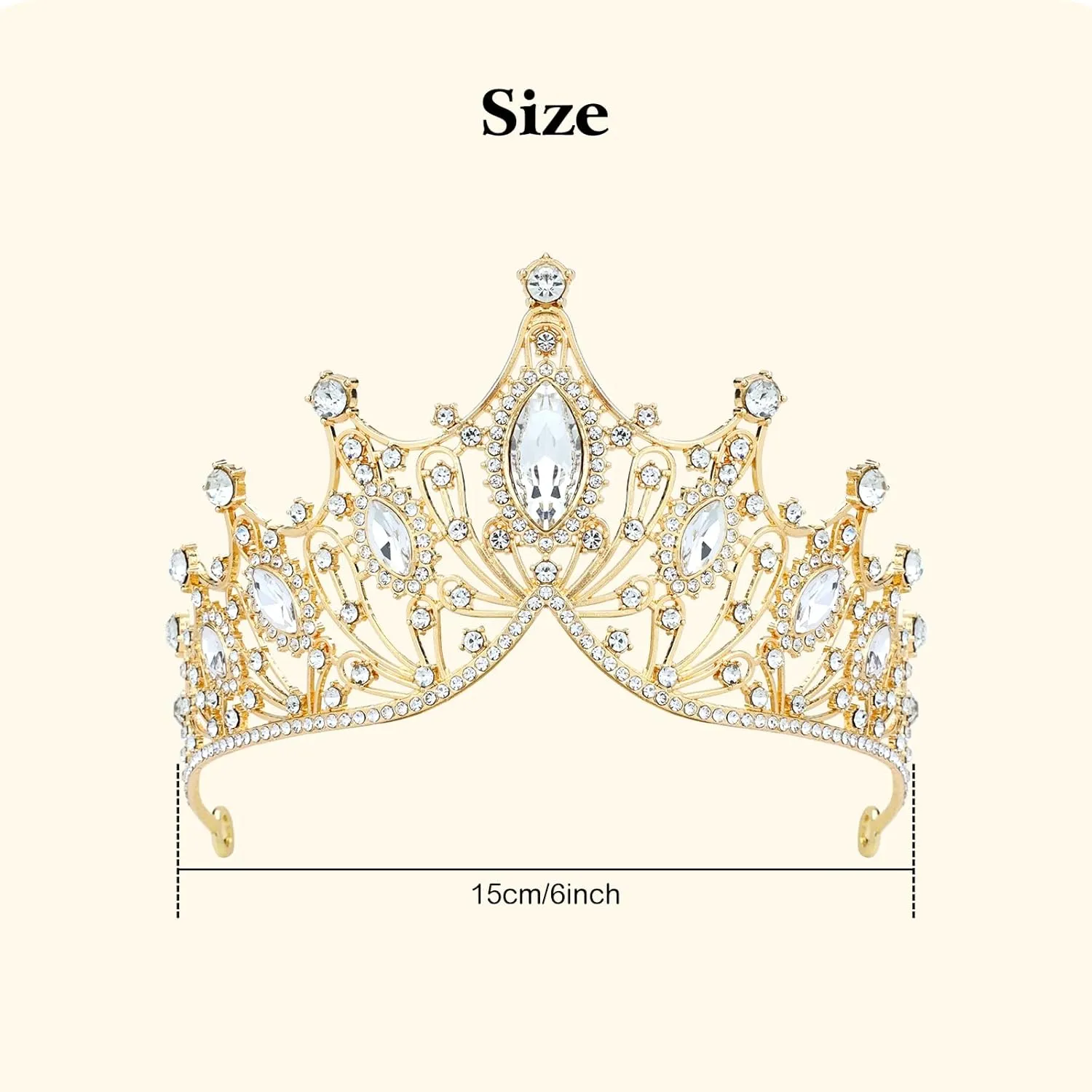Cinaci 1pc Gold White Crystal Rhinestone Birthday Party Prom Wedding Bridal Queen Princess Crown Tiara Headband with 2pcs Bobby Pins Gems Jewelry Headpiece for Women Girls Brides Bridesmaids