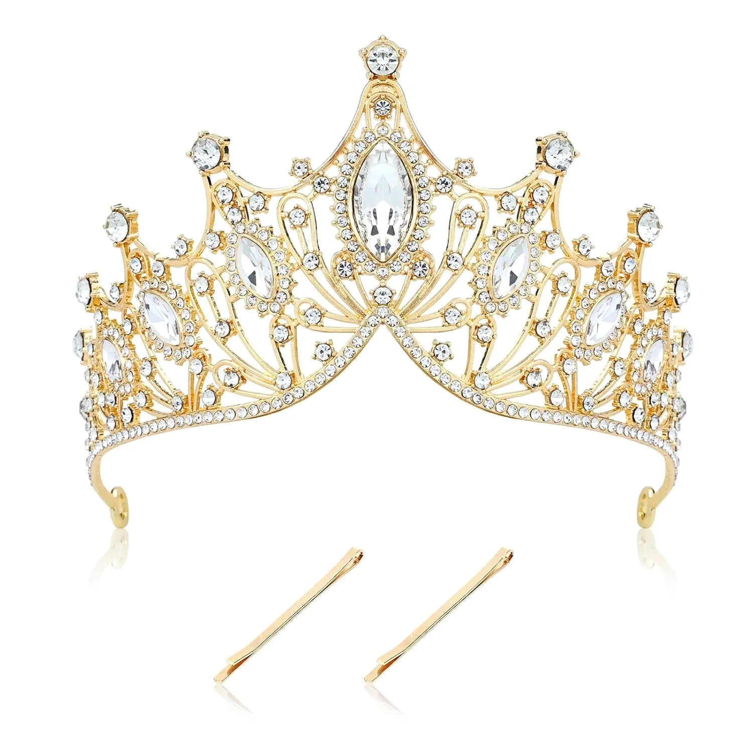 Cinaci 1pc Gold White Crystal Rhinestone Birthday Party Prom Wedding Bridal Queen Princess Crown Tiara Headband with 2pcs Bobby Pins Gems Jewelry Headpiece for Women Girls Brides Bridesmaids