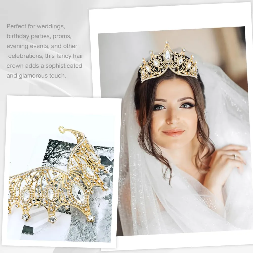 Cinaci 1pc Gold White Crystal Rhinestone Birthday Party Prom Wedding Bridal Queen Princess Crown Tiara Headband with 2pcs Bobby Pins Gems Jewelry Headpiece for Women Girls Brides Bridesmaids