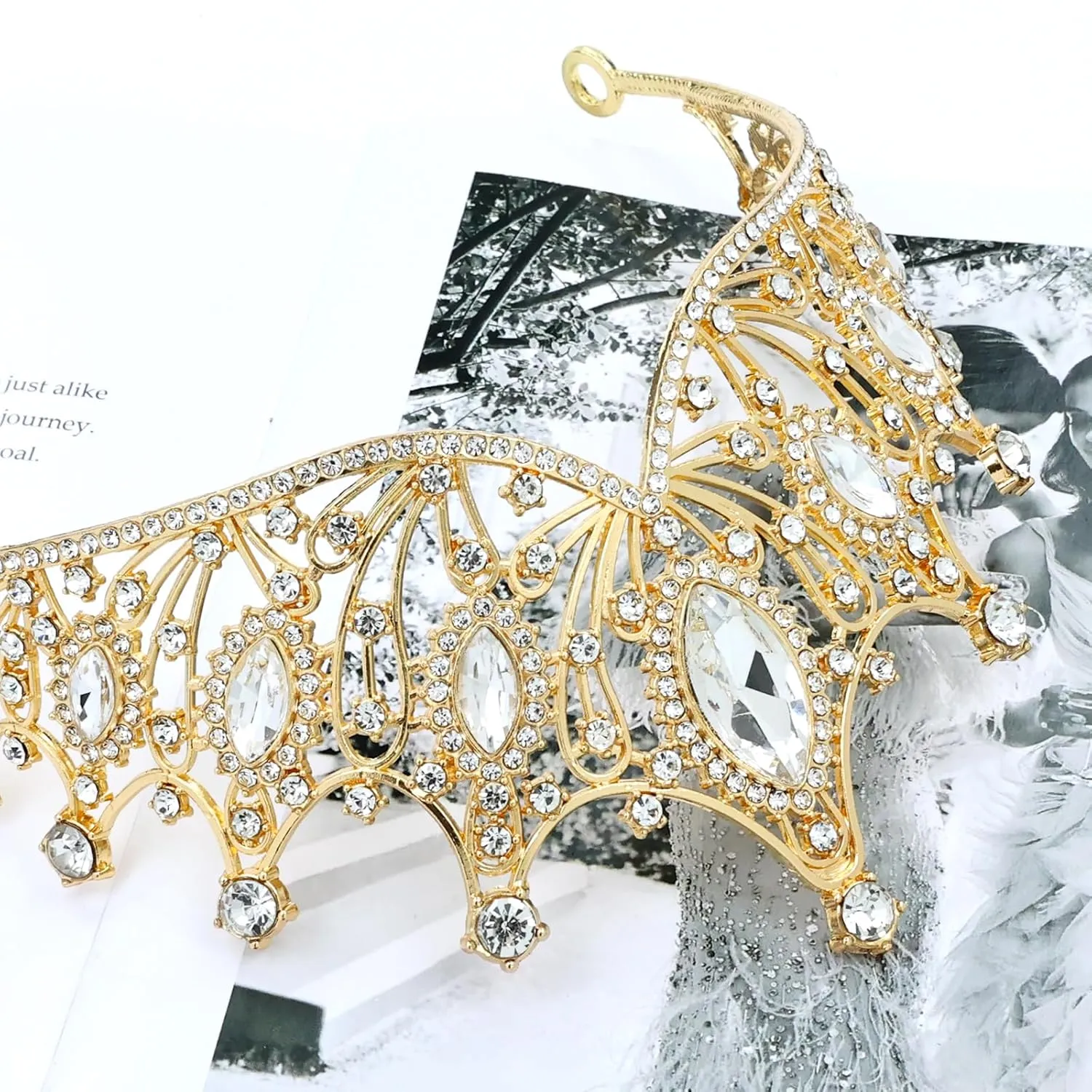 Cinaci 1pc Gold White Crystal Rhinestone Birthday Party Prom Wedding Bridal Queen Princess Crown Tiara Headband with 2pcs Bobby Pins Gems Jewelry Headpiece for Women Girls Brides Bridesmaids