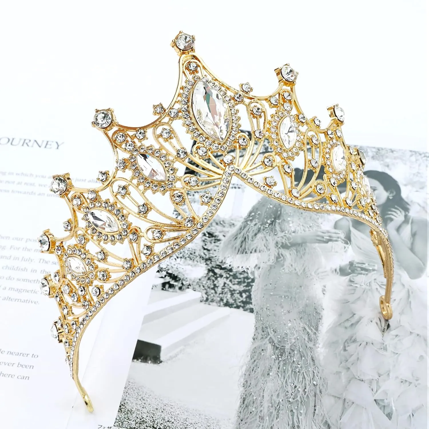 Cinaci 1pc Gold White Crystal Rhinestone Birthday Party Prom Wedding Bridal Queen Princess Crown Tiara Headband with 2pcs Bobby Pins Gems Jewelry Headpiece for Women Girls Brides Bridesmaids