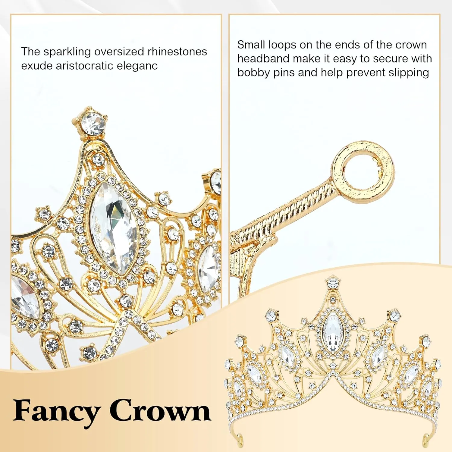Cinaci 1pc Gold White Crystal Rhinestone Birthday Party Prom Wedding Bridal Queen Princess Crown Tiara Headband with 2pcs Bobby Pins Gems Jewelry Headpiece for Women Girls Brides Bridesmaids