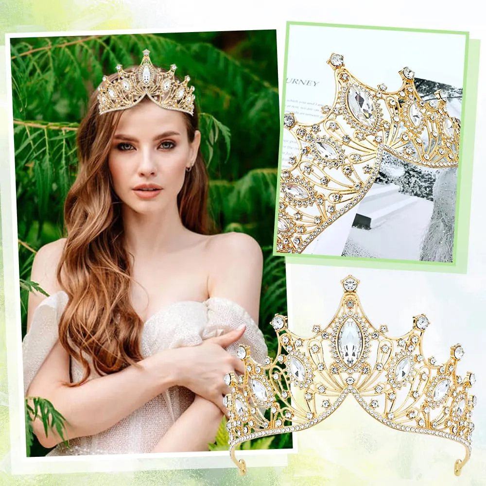 Cinaci 1pc Gold White Crystal Rhinestone Birthday Party Prom Wedding Bridal Queen Princess Crown Tiara Headband with 2pcs Bobby Pins Gems Jewelry Headpiece for Women Girls Brides Bridesmaids