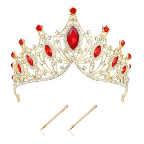 Cinaci 1pc Red Crystal Rhinestone Birthday Party Prom Wedding Bridal Queen Princess Crown Tiara Headband with 2pcs Bobby Pins Gems Jewelry Headpiece for Women Girls Brides Bridesmaids