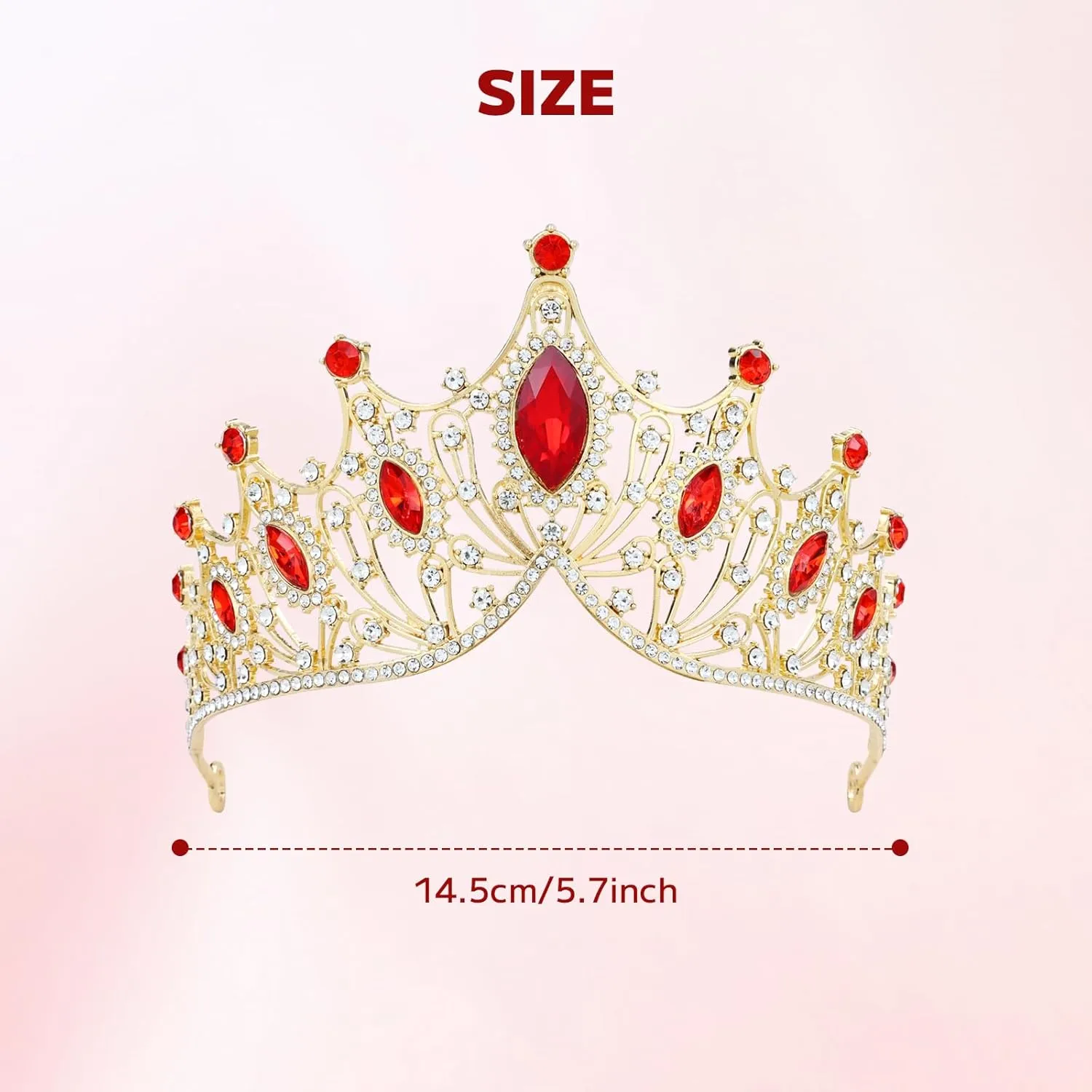 Cinaci 1pc Red Crystal Rhinestone Birthday Party Prom Wedding Bridal Queen Princess Crown Tiara Headband with 2pcs Bobby Pins Gems Jewelry Headpiece for Women Girls Brides Bridesmaids