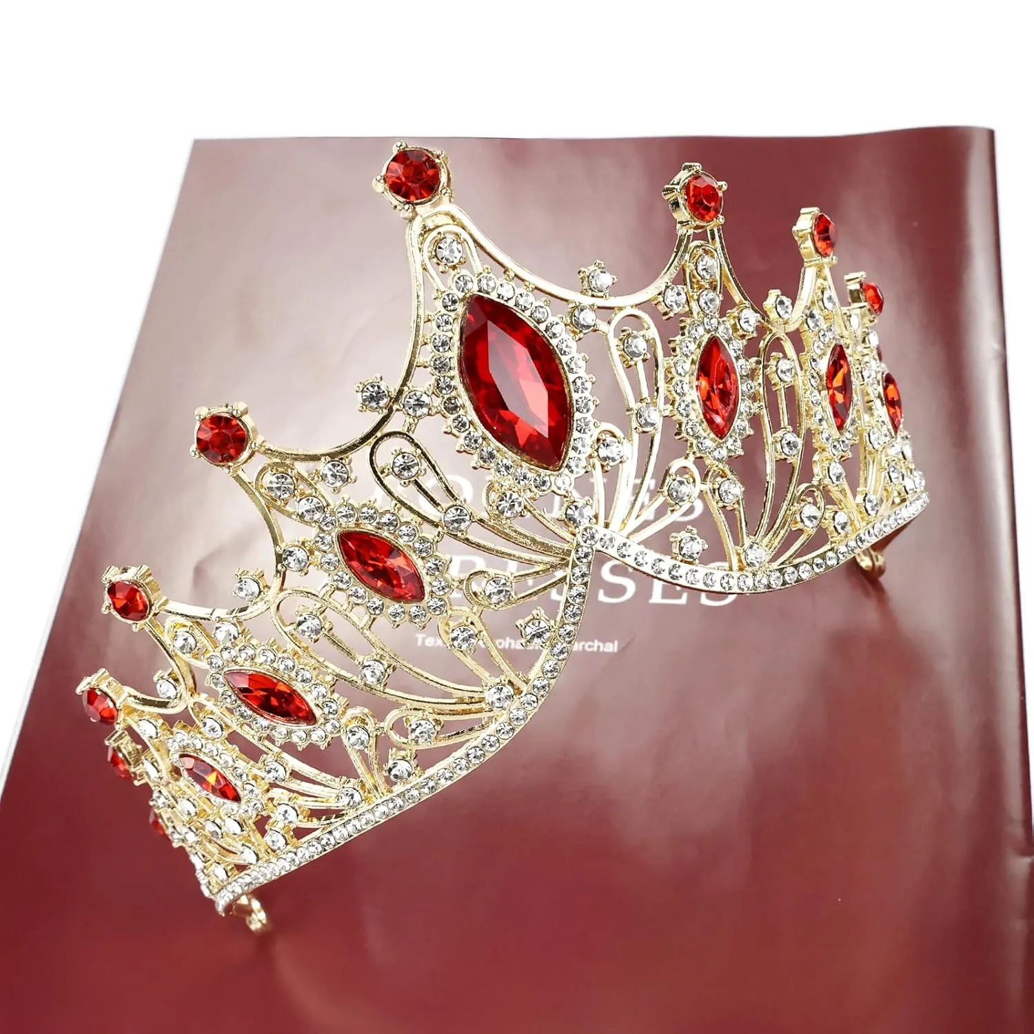 Cinaci 1pc Red Crystal Rhinestone Birthday Party Prom Wedding Bridal Queen Princess Crown Tiara Headband with 2pcs Bobby Pins Gems Jewelry Headpiece for Women Girls Brides Bridesmaids