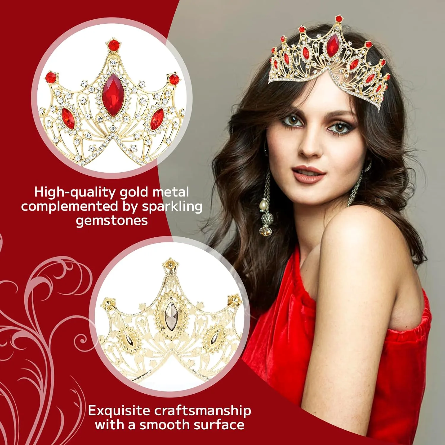 Cinaci 1pc Red Crystal Rhinestone Birthday Party Prom Wedding Bridal Queen Princess Crown Tiara Headband with 2pcs Bobby Pins Gems Jewelry Headpiece for Women Girls Brides Bridesmaids