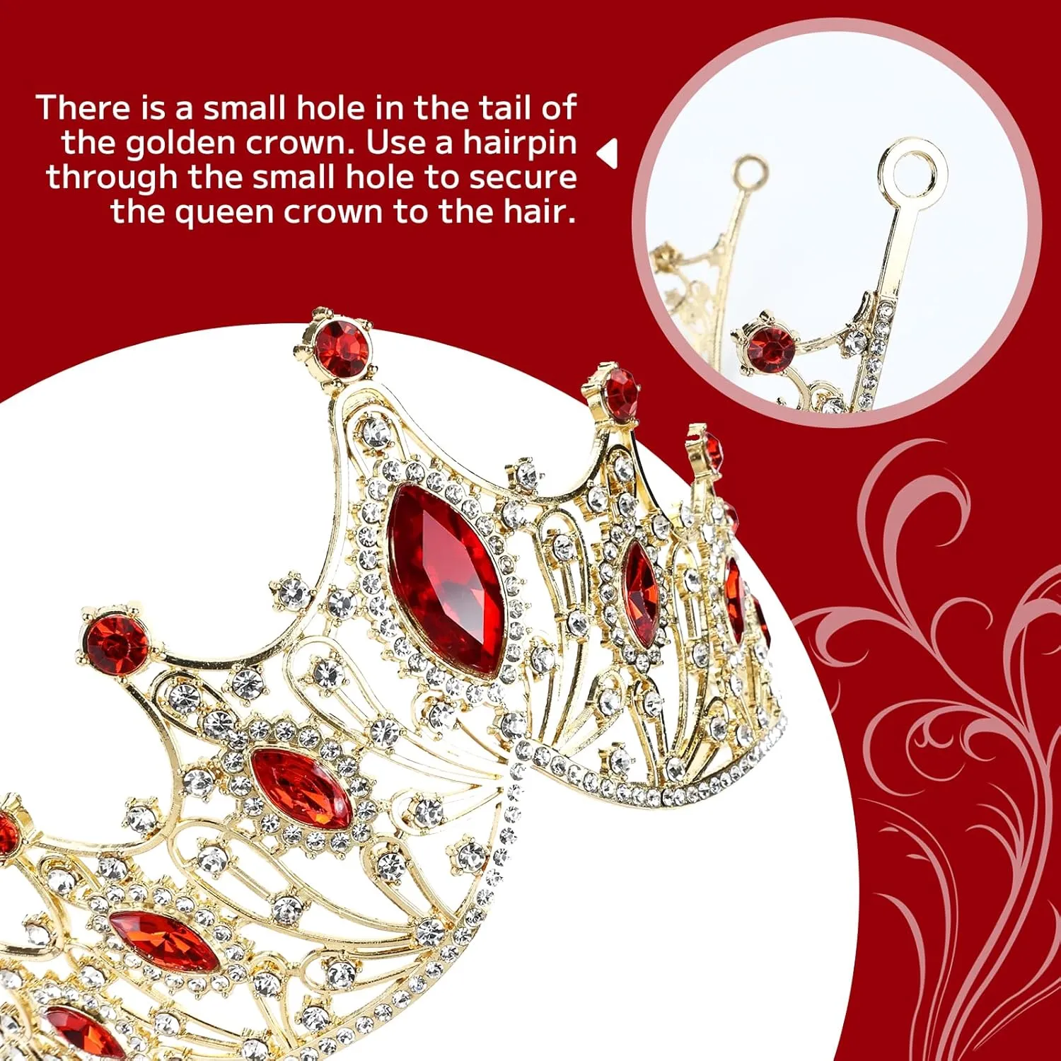 Cinaci 1pc Red Crystal Rhinestone Birthday Party Prom Wedding Bridal Queen Princess Crown Tiara Headband with 2pcs Bobby Pins Gems Jewelry Headpiece for Women Girls Brides Bridesmaids