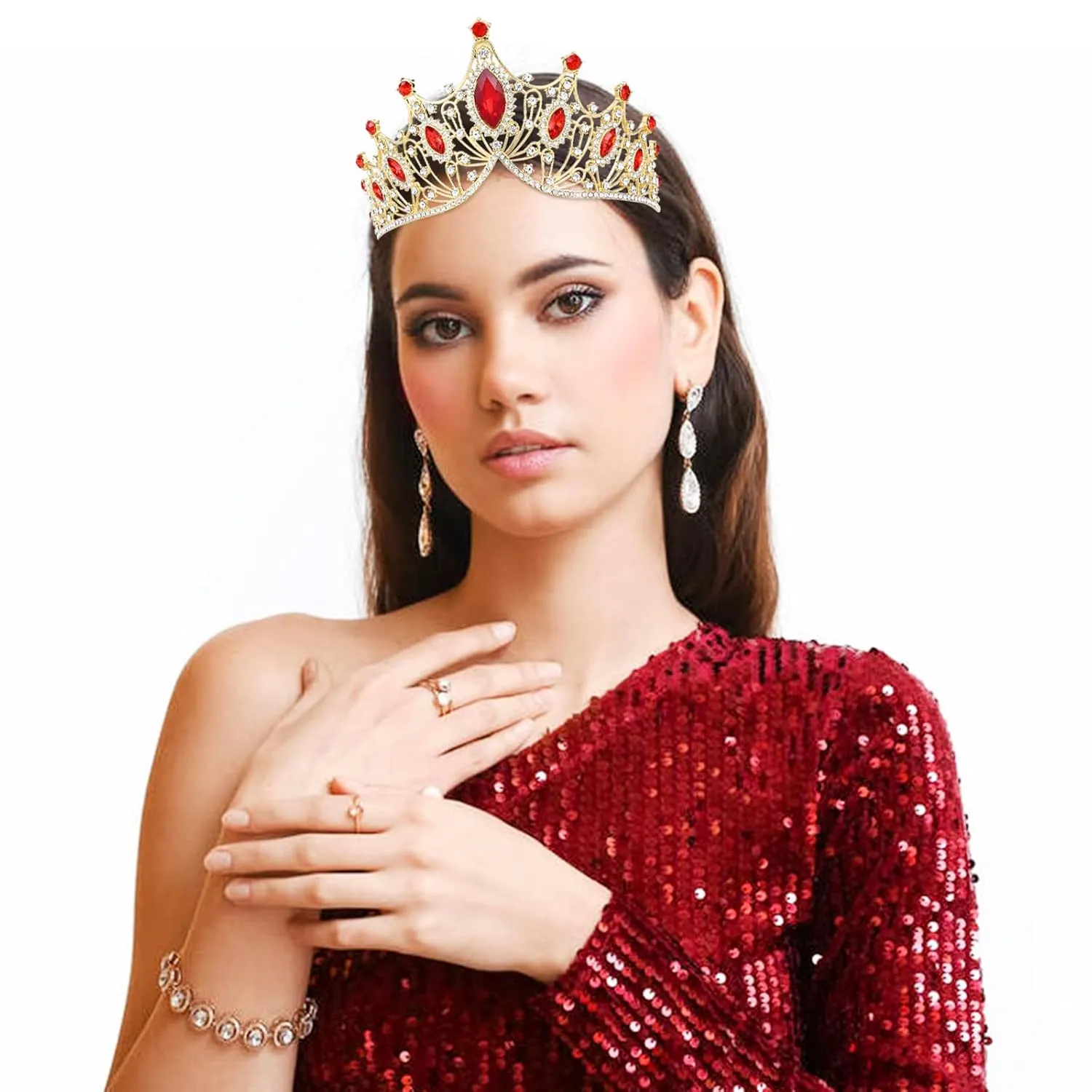 Cinaci 1pc Red Crystal Rhinestone Birthday Party Prom Wedding Bridal Queen Princess Crown Tiara Headband with 2pcs Bobby Pins Gems Jewelry Headpiece for Women Girls Brides Bridesmaids