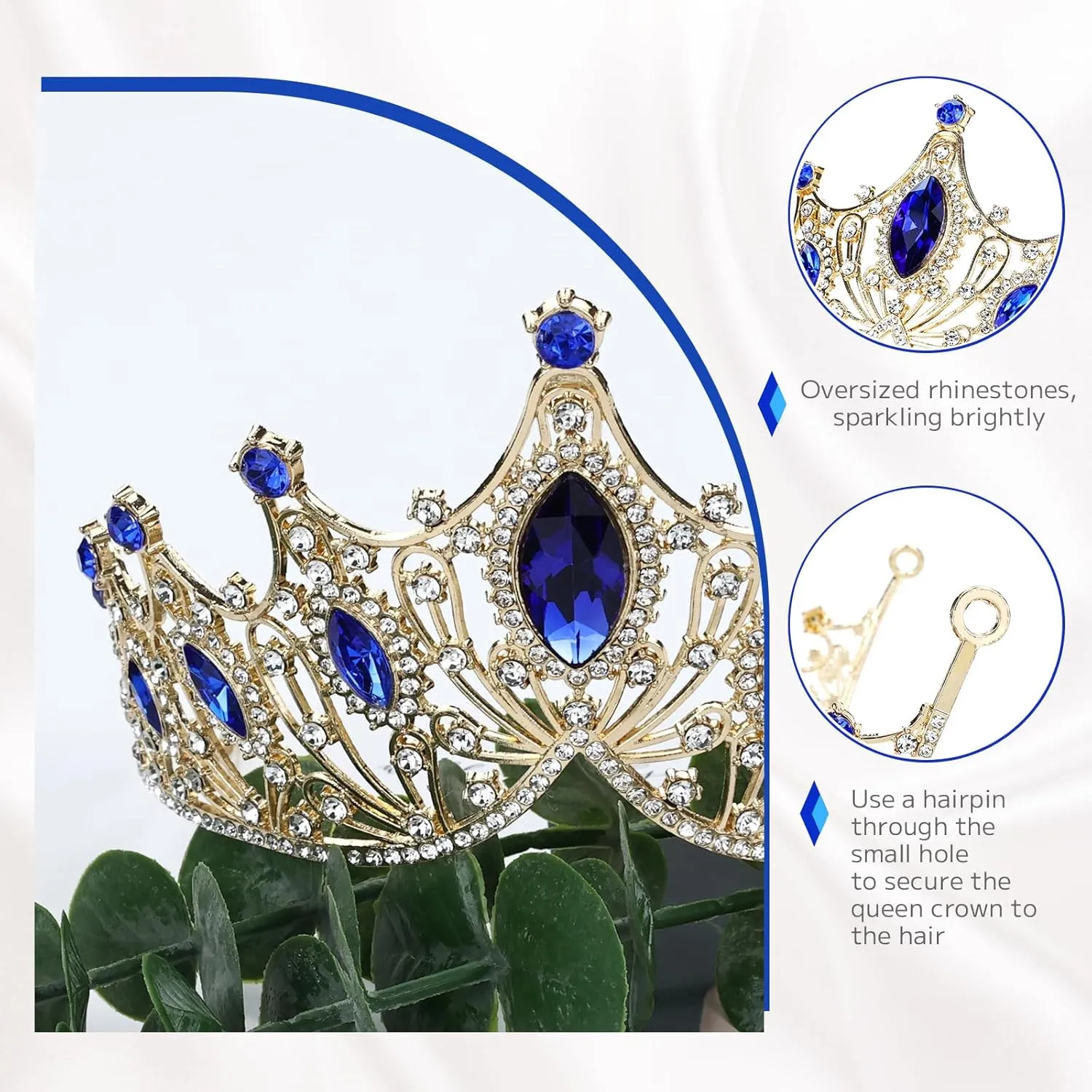 Cinaci 1pc Royal Blue Crystal Rhinestone Birthday Party Prom Wedding Bridal Queen Princess Crown Tiara Headband with 2pcs Bobby Pins Gems Jewelry Headpiece for Women Girls Brides Bridesmaids