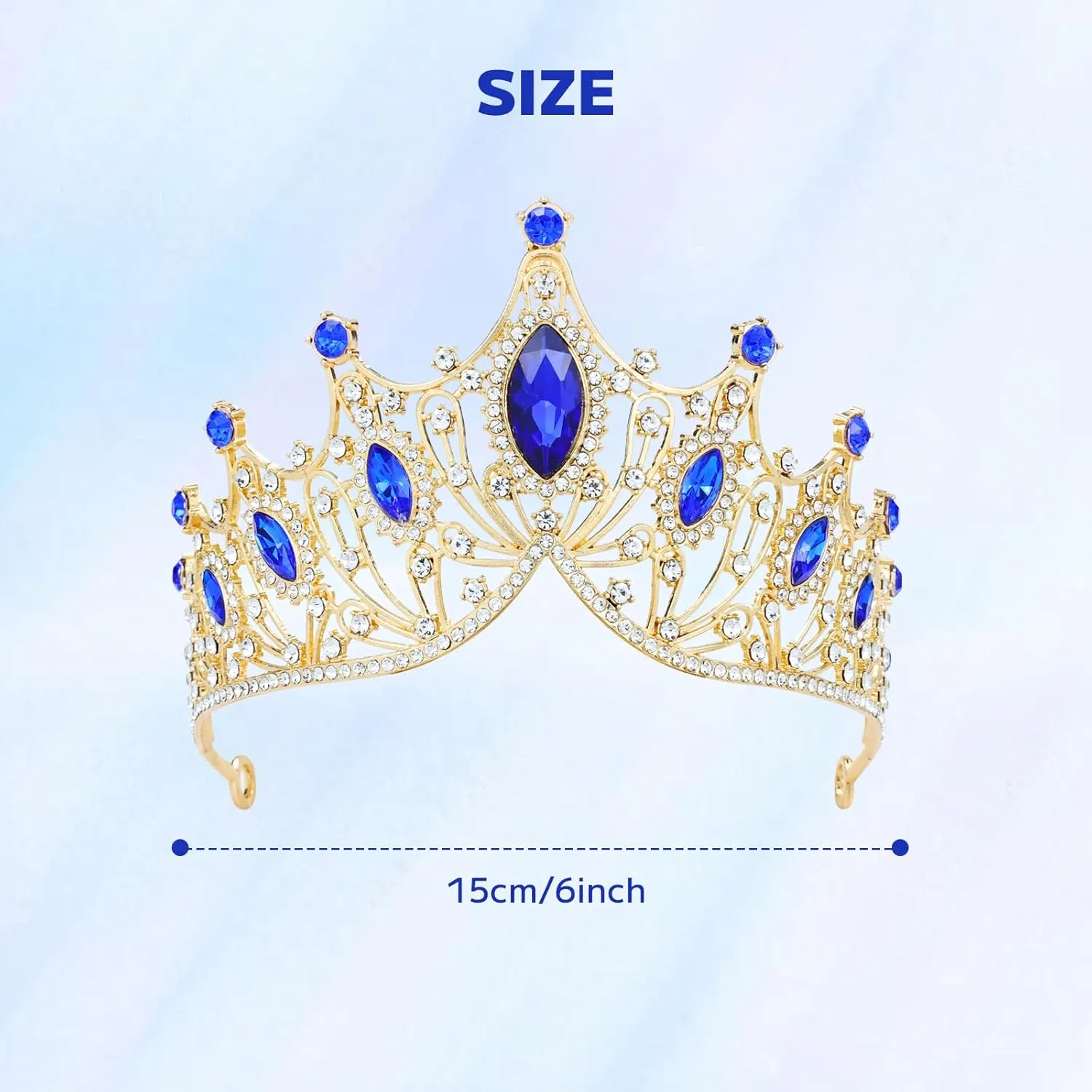Cinaci 1pc Royal Blue Crystal Rhinestone Birthday Party Prom Wedding Bridal Queen Princess Crown Tiara Headband with 2pcs Bobby Pins Gems Jewelry Headpiece for Women Girls Brides Bridesmaids
