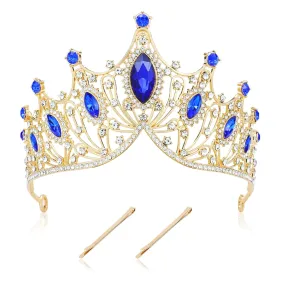 Cinaci 1pc Royal Blue Crystal Rhinestone Birthday Party Prom Wedding Bridal Queen Princess Crown Tiara Headband with 2pcs Bobby Pins Gems Jewelry Headpiece for Women Girls Brides Bridesmaids