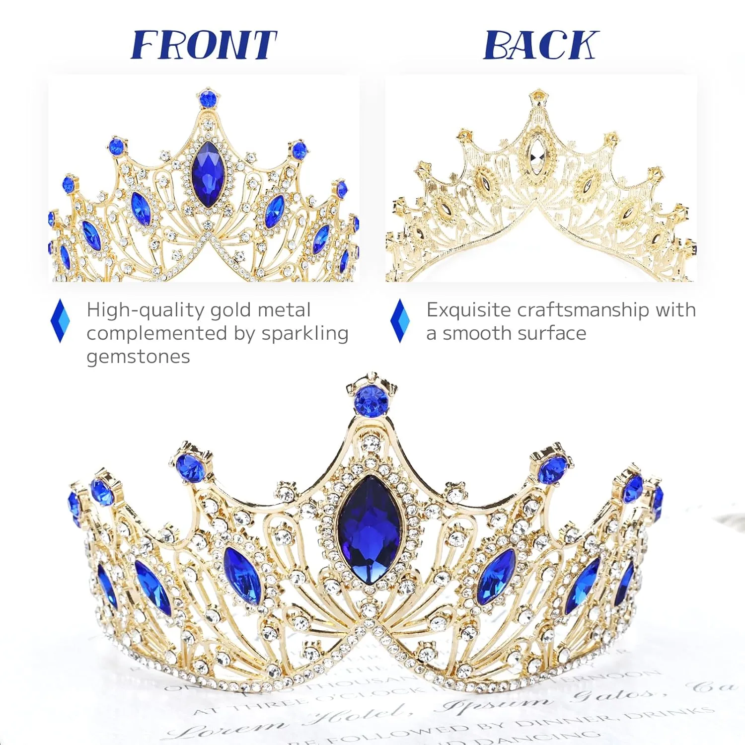 Cinaci 1pc Royal Blue Crystal Rhinestone Birthday Party Prom Wedding Bridal Queen Princess Crown Tiara Headband with 2pcs Bobby Pins Gems Jewelry Headpiece for Women Girls Brides Bridesmaids
