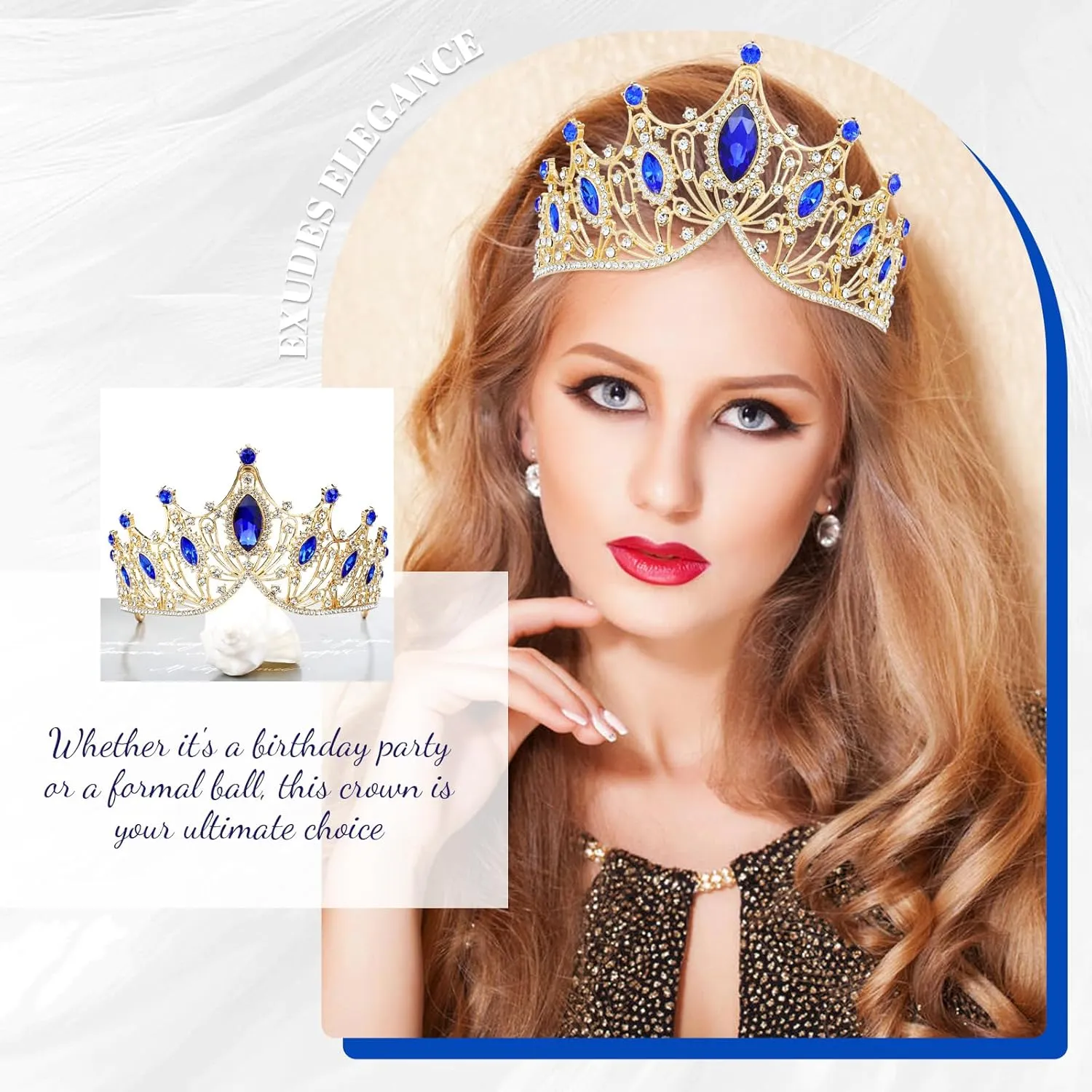 Cinaci 1pc Royal Blue Crystal Rhinestone Birthday Party Prom Wedding Bridal Queen Princess Crown Tiara Headband with 2pcs Bobby Pins Gems Jewelry Headpiece for Women Girls Brides Bridesmaids