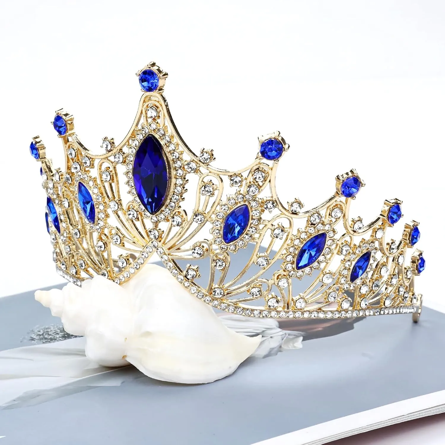 Cinaci 1pc Royal Blue Crystal Rhinestone Birthday Party Prom Wedding Bridal Queen Princess Crown Tiara Headband with 2pcs Bobby Pins Gems Jewelry Headpiece for Women Girls Brides Bridesmaids