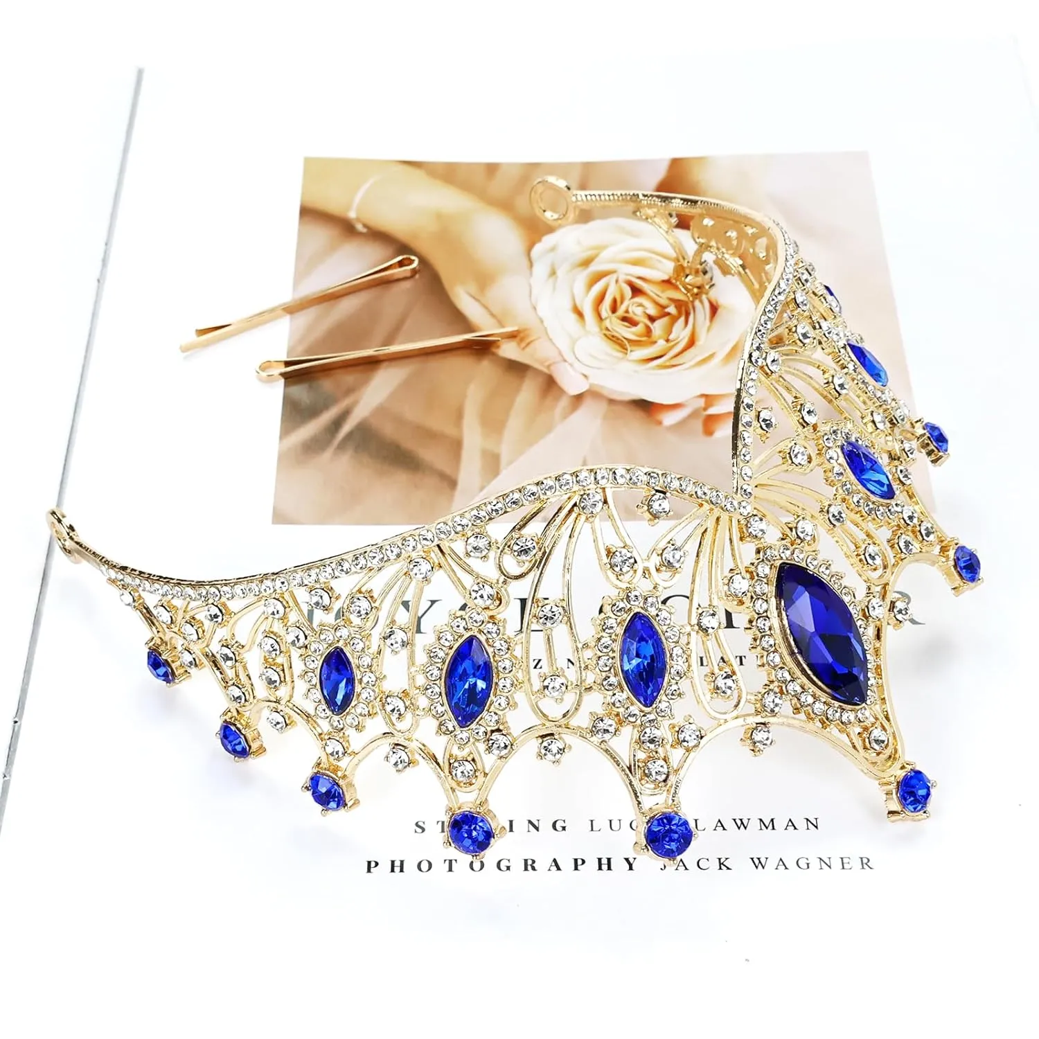 Cinaci 1pc Royal Blue Crystal Rhinestone Birthday Party Prom Wedding Bridal Queen Princess Crown Tiara Headband with 2pcs Bobby Pins Gems Jewelry Headpiece for Women Girls Brides Bridesmaids