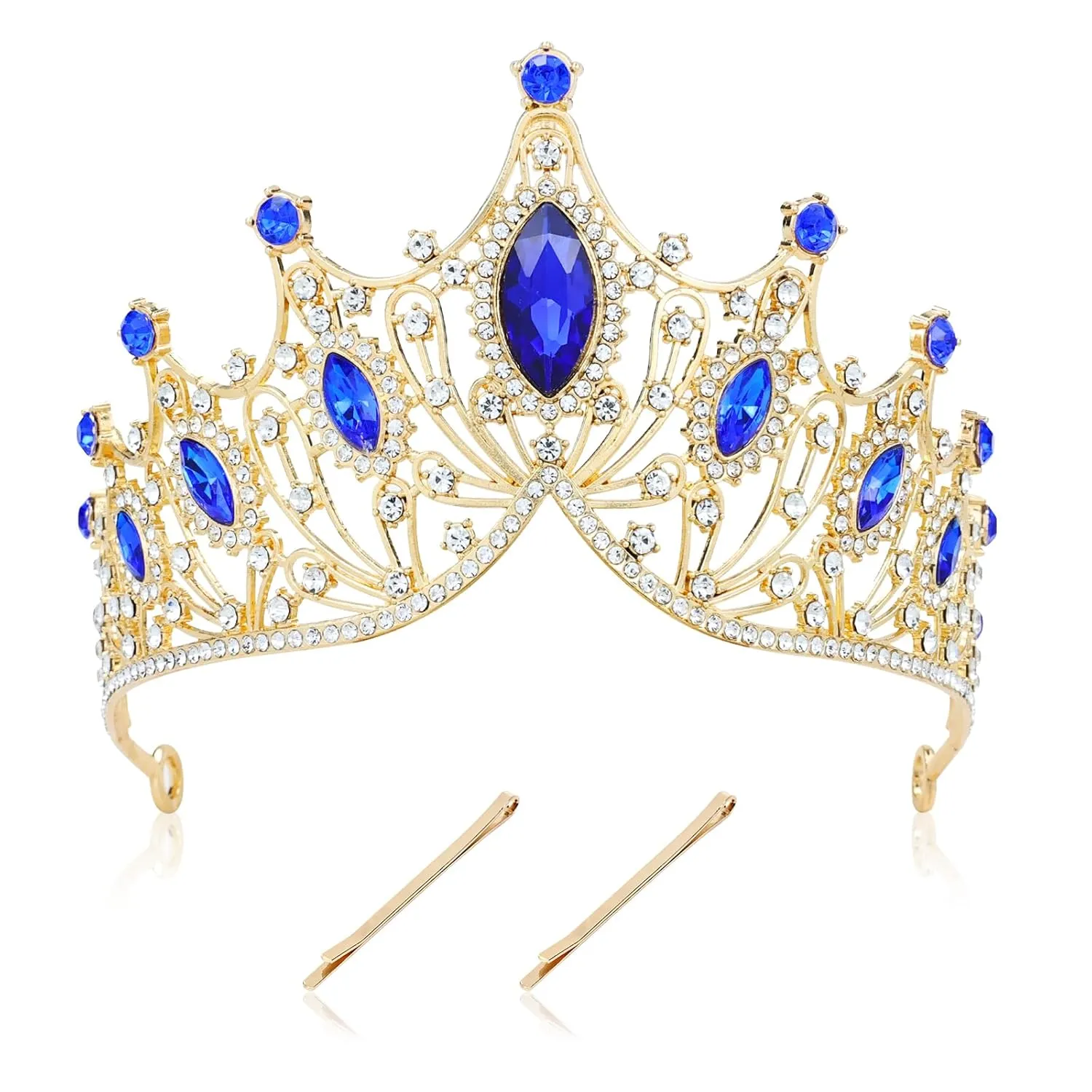 Cinaci 1pc Royal Blue Crystal Rhinestone Birthday Party Prom Wedding Bridal Queen Princess Crown Tiara Headband with 2pcs Bobby Pins Gems Jewelry Headpiece for Women Girls Brides Bridesmaids