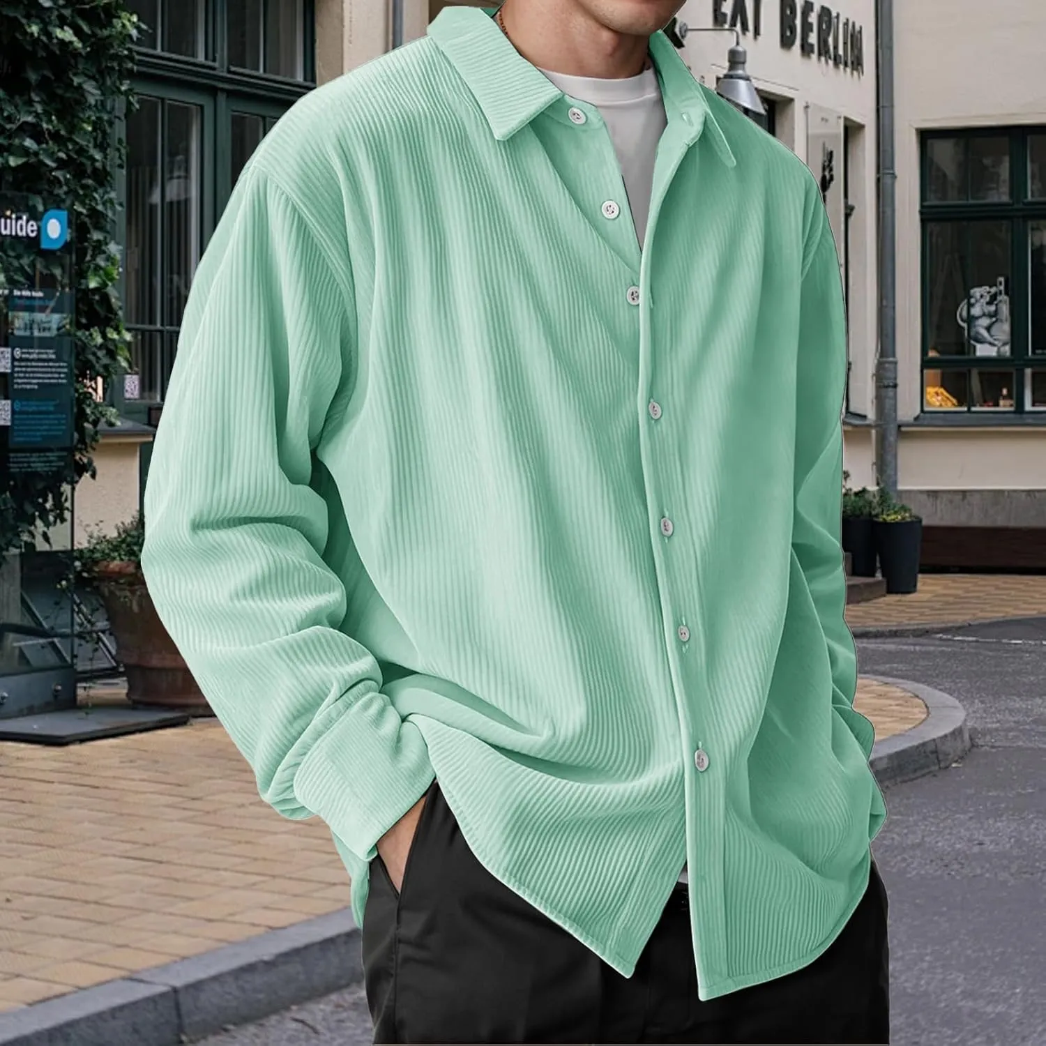 Corduroy Shirt Mens Lapel Long Sleeve Wrinkle Free Shirts Casual Button Down Shirts Work Overshirt Shackets for Men