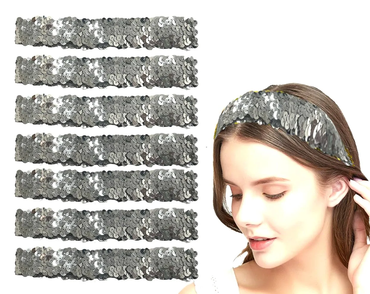 COTIM COYIN Sequin Headbands for Women Girls, Sparkly Elastic Hairband Headband for Party Dance Festival Wedding Birthday Cosplay, 8 Pack, Silver