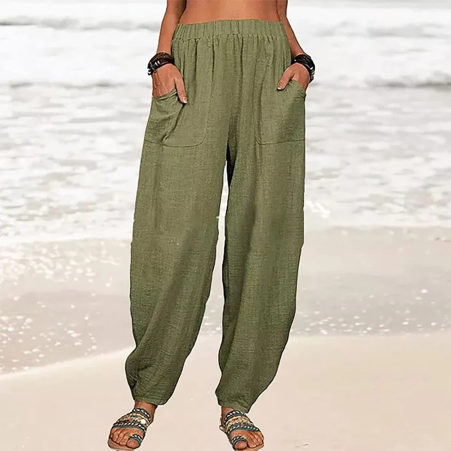 Cotton Linen Palazzo Pants for Women Fashion, Pleated Elastic Waist Pockets Lounge Pants Outside Wear Tapered Pants