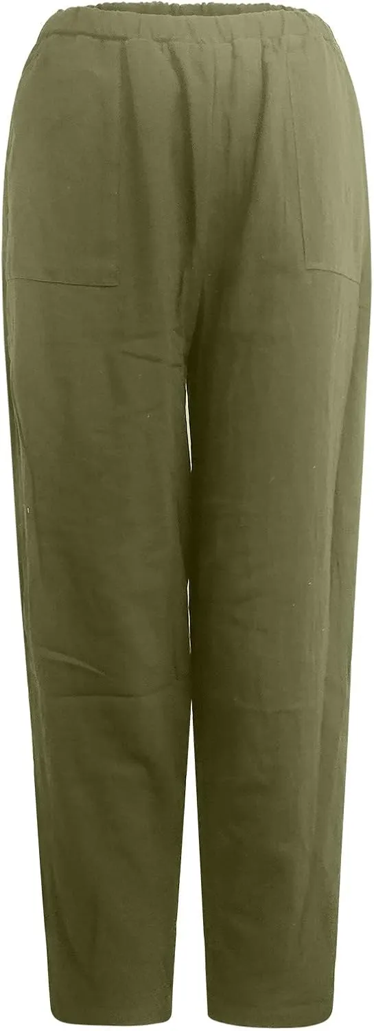Cotton Linen Palazzo Pants for Women Fashion, Pleated Elastic Waist Pockets Lounge Pants Outside Wear Tapered Pants