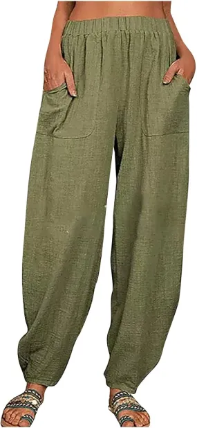 Cotton Linen Palazzo Pants for Women Fashion, Pleated Elastic Waist Pockets Lounge Pants Outside Wear Tapered Pants