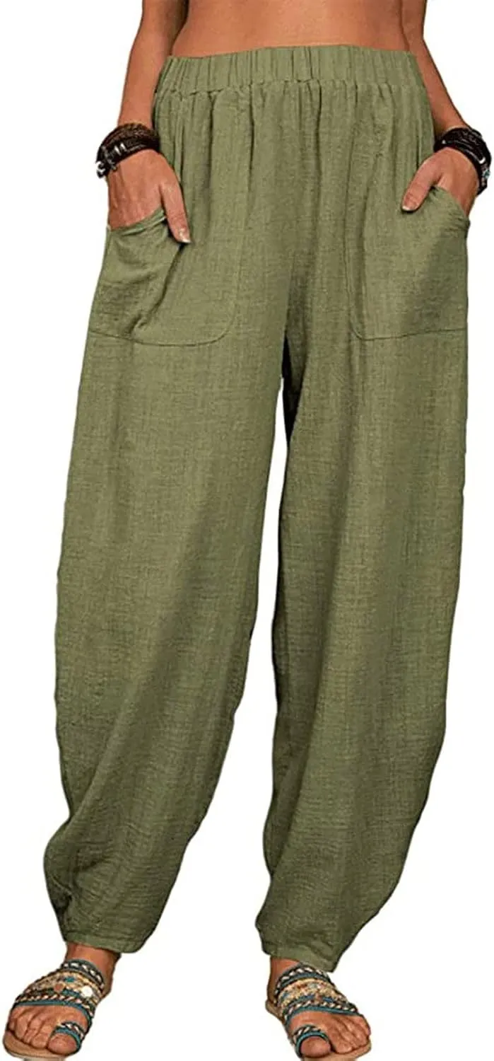 Cotton Linen Palazzo Pants for Women Fashion, Pleated Elastic Waist Pockets Lounge Pants Outside Wear Tapered Pants