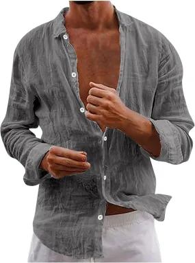 Cotton Linen Shirts for Men Casual Long Sleeve Solid Color Collared Tops Vintage Loose Fit Button Down Shirts