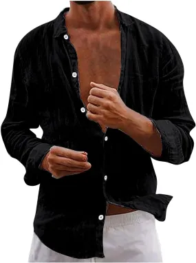 Cotton Linen Shirts for Men Casual Long Sleeve Solid Color Collared Tops Vintage Loose Fit Button Down Shirts