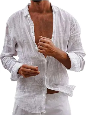 Cotton Linen Shirts for Men Casual Long Sleeve Solid Color Collared Tops Vintage Loose Fit Button Down Shirts