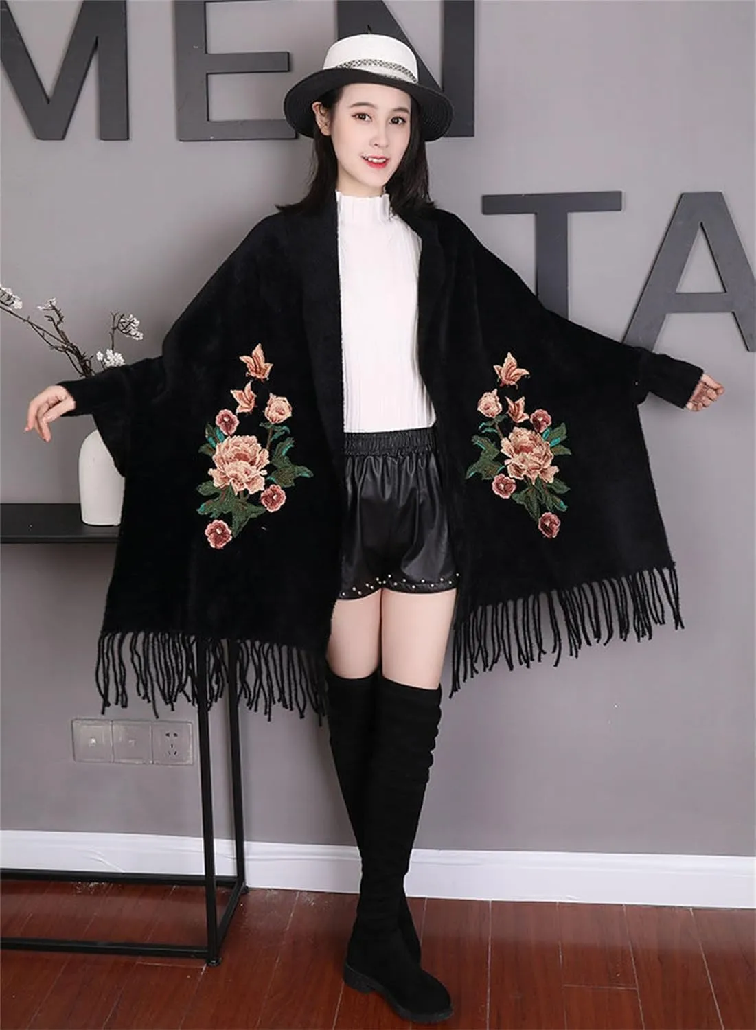 Cross Front Poncho Sweater Cardigan White, Embroidered Shawls and Wraps for Evening Dresses, Winter Cloak