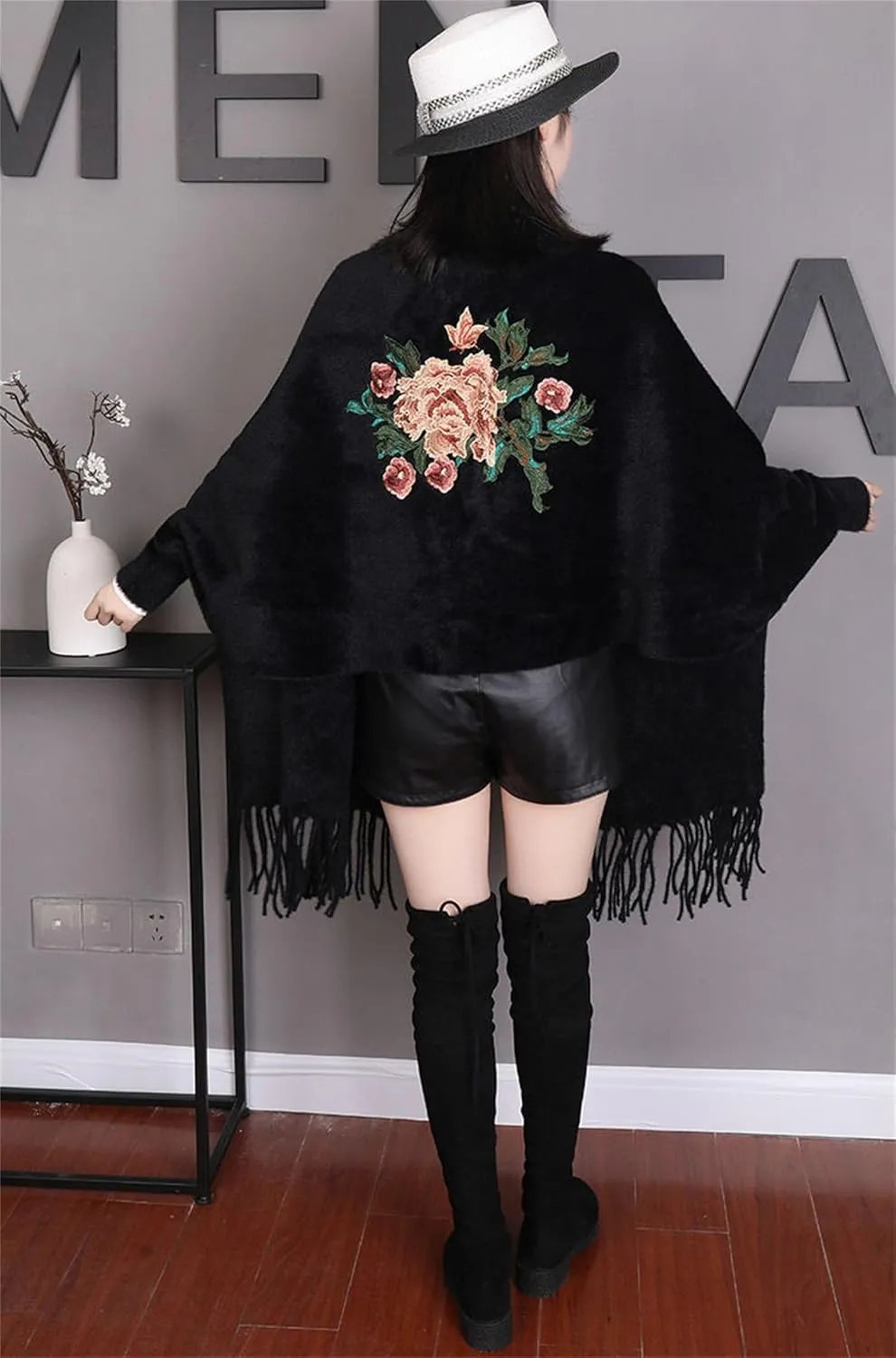 Cross Front Poncho Sweater Cardigan White, Embroidered Shawls and Wraps for Evening Dresses, Winter Cloak