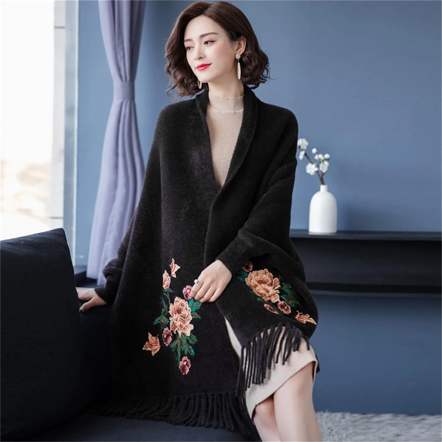 Cross Front Poncho Sweater Cardigan White, Embroidered Shawls and Wraps for Evening Dresses, Winter Cloak