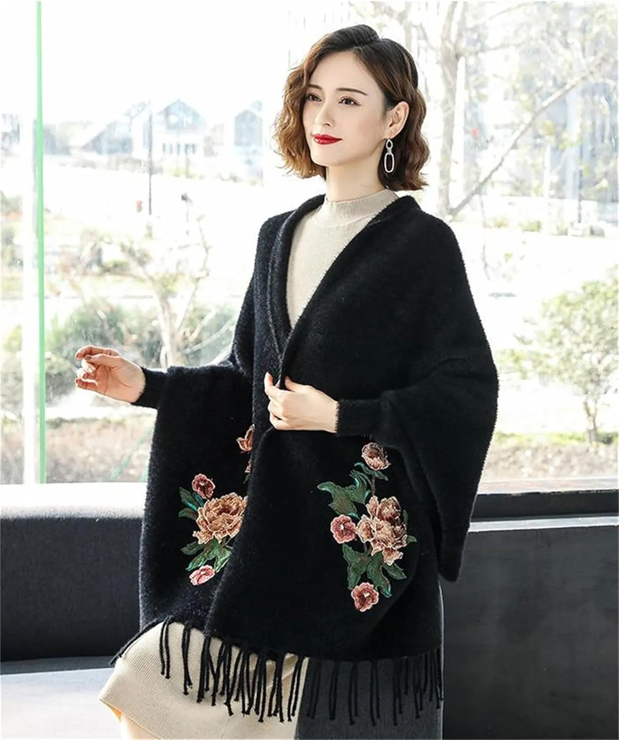Cross Front Poncho Sweater Cardigan White, Embroidered Shawls and Wraps for Evening Dresses, Winter Cloak