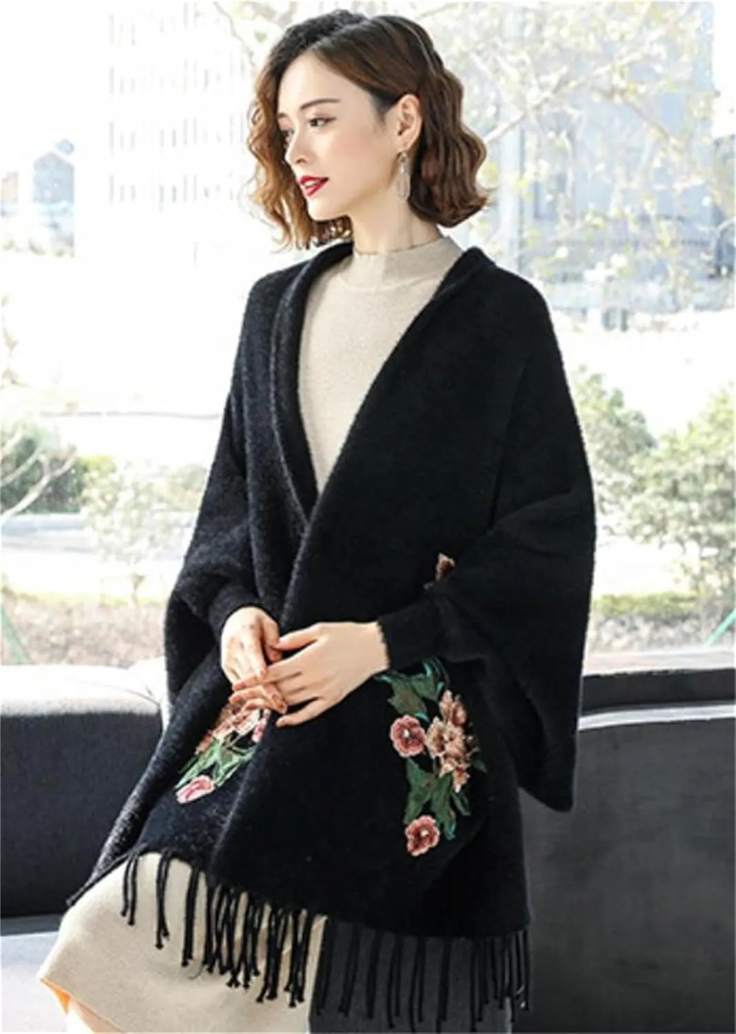 Cross Front Poncho Sweater Cardigan White, Embroidered Shawls and Wraps for Evening Dresses, Winter Cloak