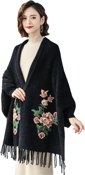 Cross Front Poncho Sweater Cardigan White, Embroidered Shawls and Wraps for Evening Dresses, Winter Cloak