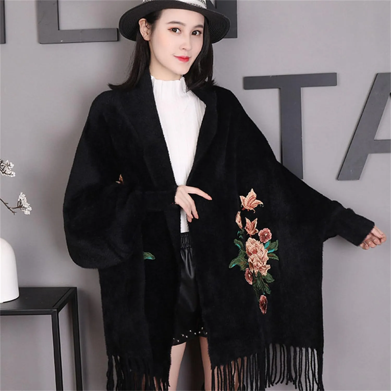 Cross Front Poncho Sweater Cardigan White, Embroidered Shawls and Wraps for Evening Dresses, Winter Cloak