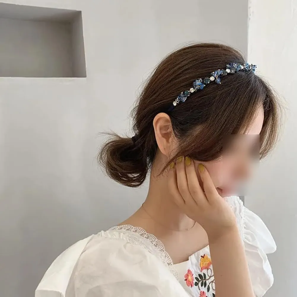 Crystal Rhinestone Headbands Sparkly Beaded Hair Hoops Bridal Crown Tiara Hair Bands Wedding Hair Accessories for Women Girls Blue