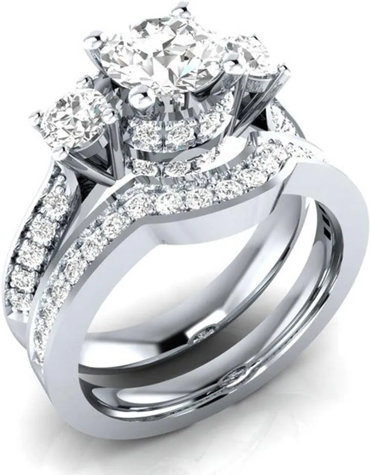 Cubic Zirconia CZ Anniversary Rings Jewelry 3 Stone Princess cut Bridal Set Engagement Rings for Women Silver