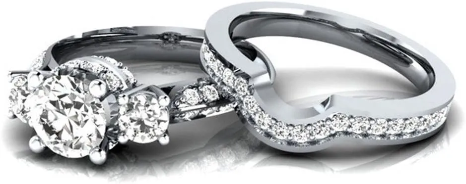 Cubic Zirconia CZ Anniversary Rings Jewelry 3 Stone Princess cut Bridal Set Engagement Rings for Women Silver