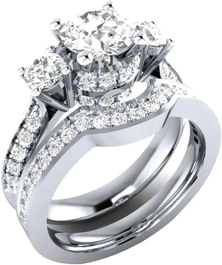 Cubic Zirconia CZ Anniversary Rings Jewelry 3 Stone Princess cut Bridal Set Engagement Rings for Women Silver