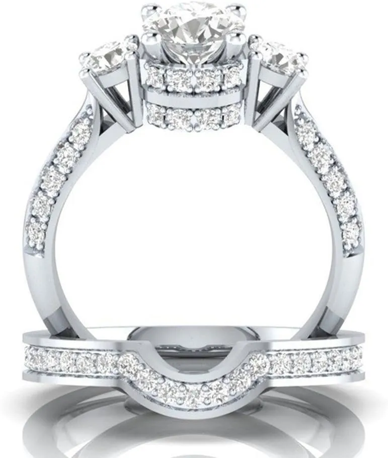 Cubic Zirconia CZ Anniversary Rings Jewelry 3 Stone Princess cut Bridal Set Engagement Rings for Women Silver