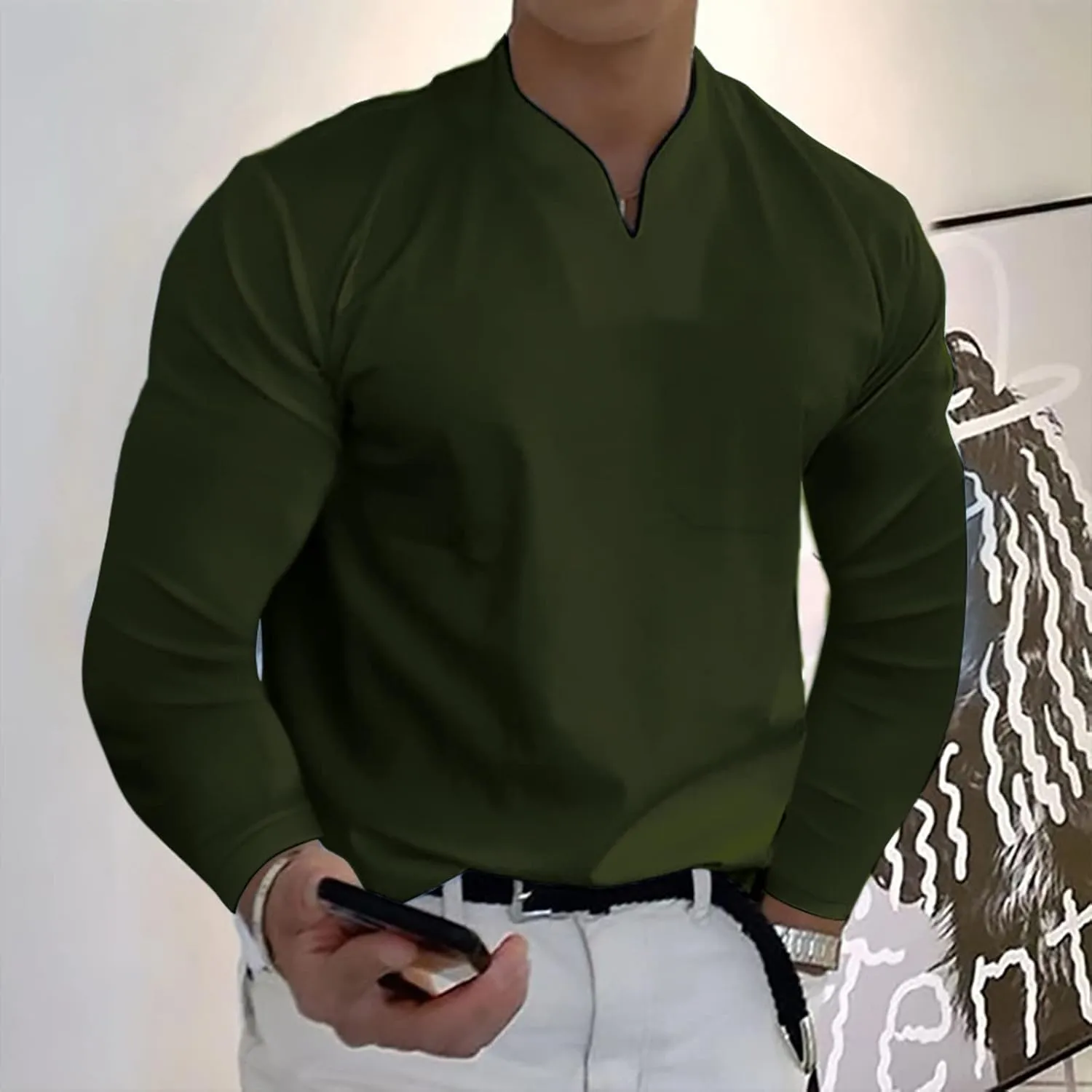 Cute Long Sleeve Shirt Casual Solid Color V-Neck Gentleman's Business Long Sleeve T-Shirt V Neck Undershirts for Men