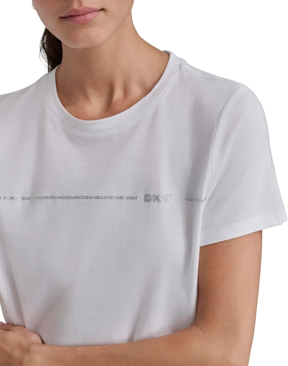 DKNY womens Rhinestone Stripe Logo Short Sleeve T-shirt